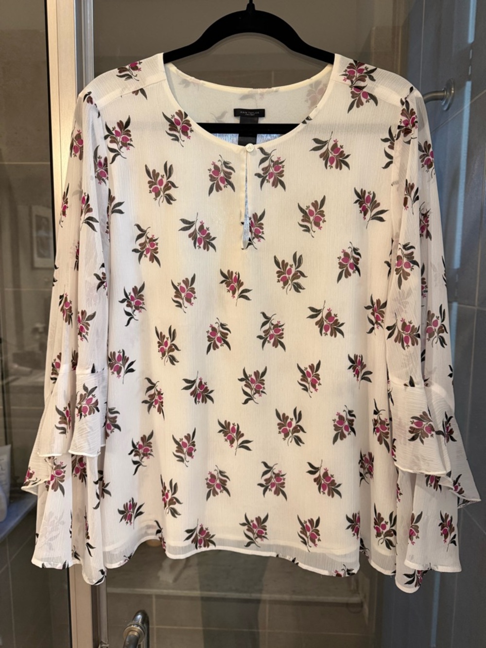 Ann Taylor Factory White Blouse with Purple and Green Floral Print